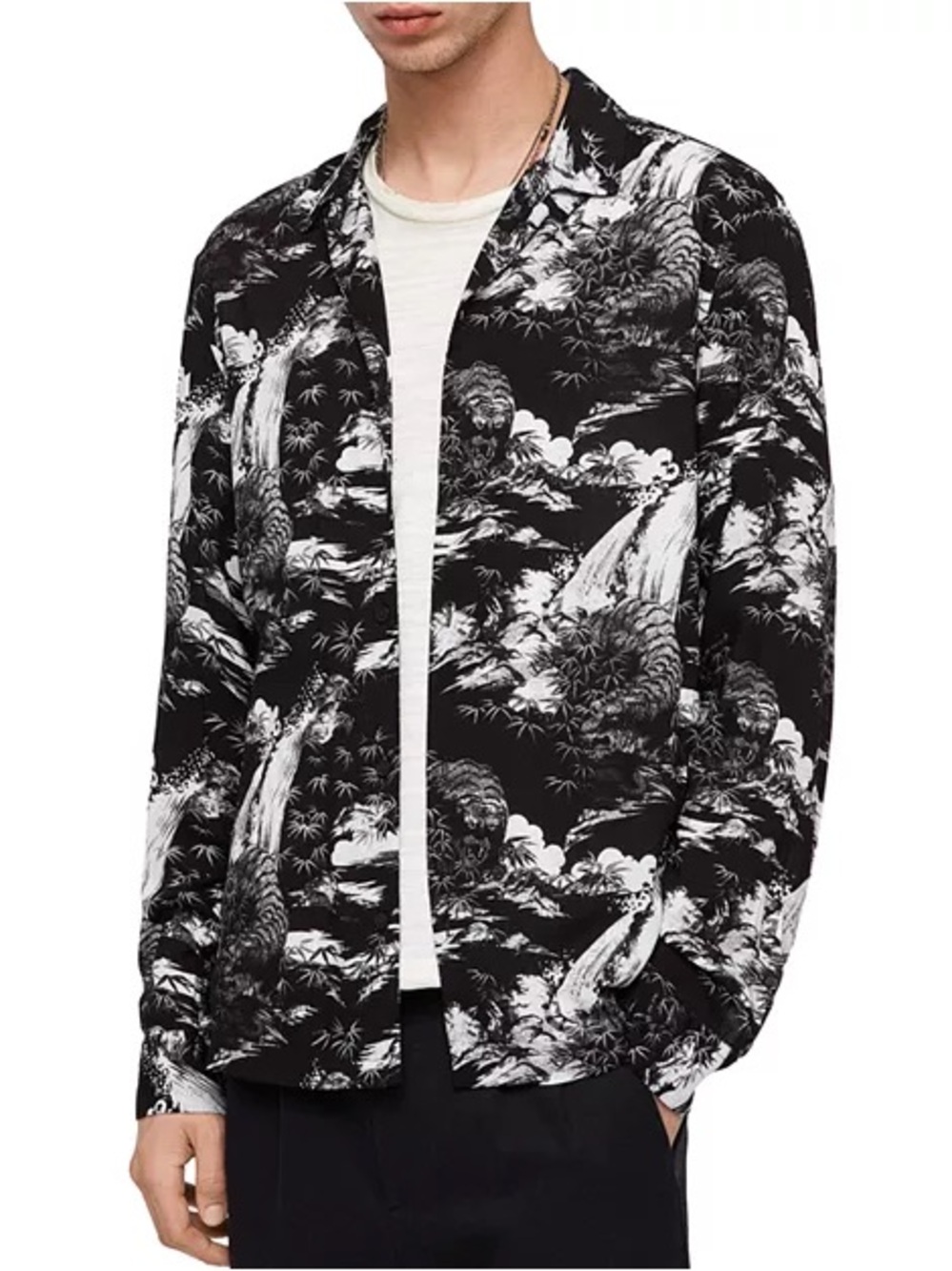 AllSaints Black & White Scenic Sunda Print Shirt